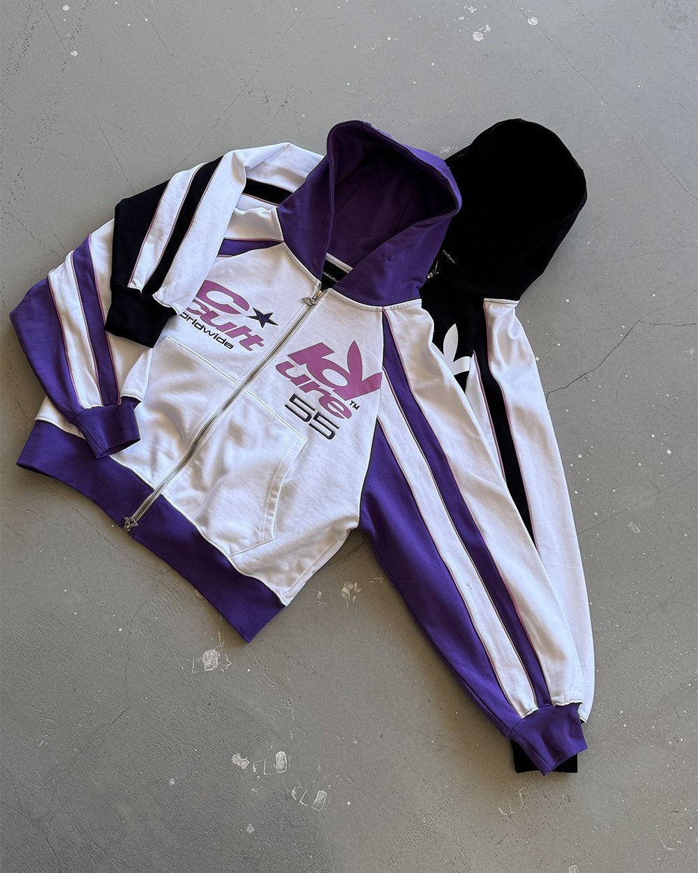 TEASE ME ZIP HOODIE WHITE & PURPLE - white and purple zip-up hoodie, flat lay with matching pieces - Cold Culture