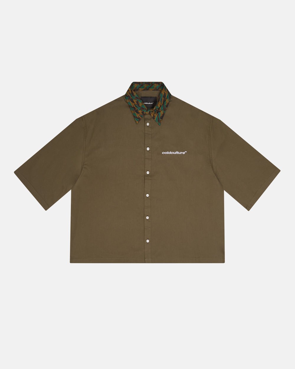 TERRA SHIRT CAPER GREEN - olive green short sleeve shirt, front view - Cold Culture #packshot