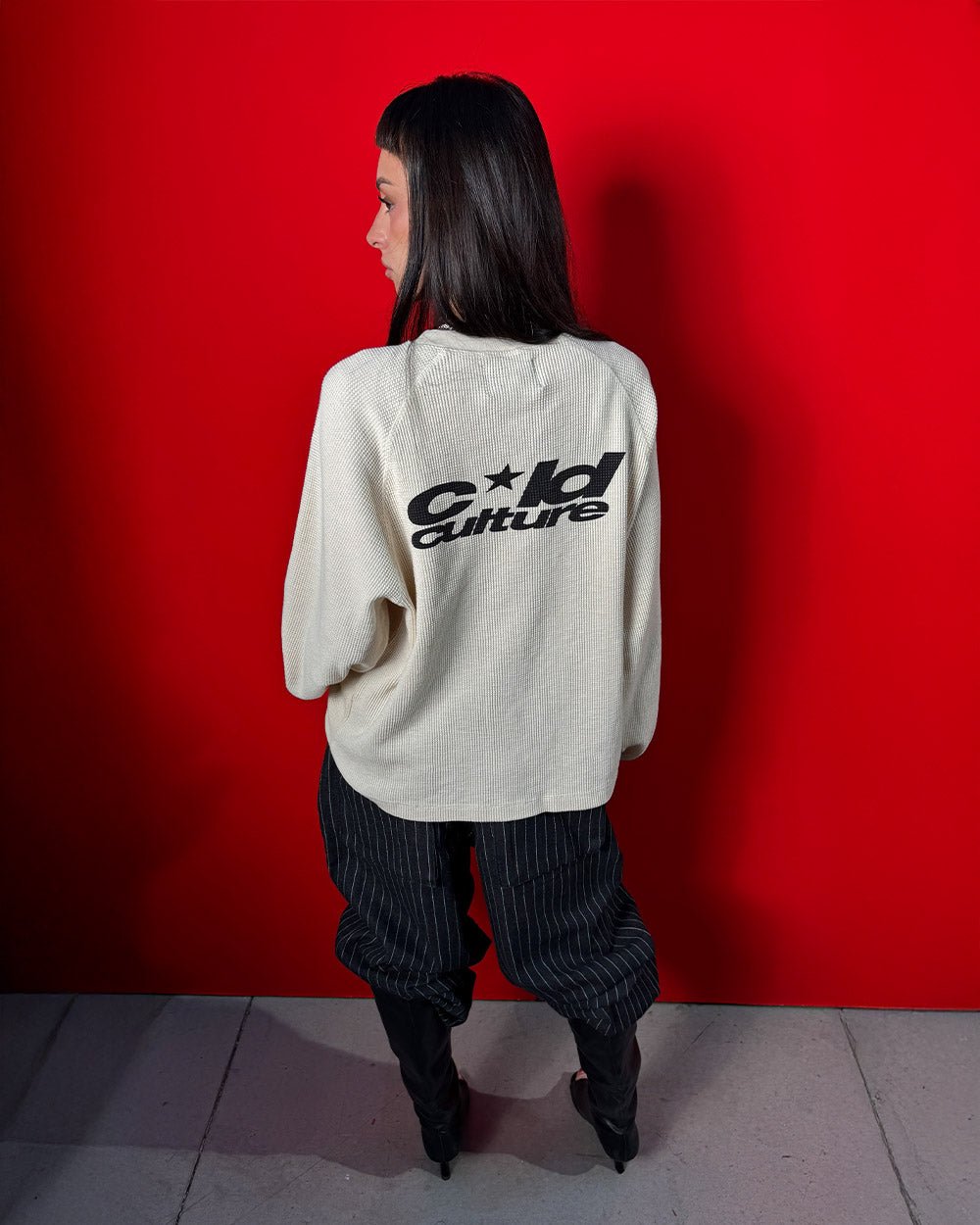 THERMAL LONGSLEEVE TEE WHITE - white thermal longsleeve tee, back view on female model - Cold Culture #woman