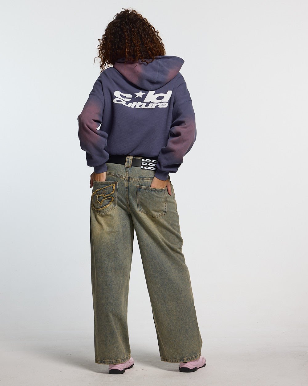 THERMAL ZIP HOODIE BLUE - navy blue washed zip-up hoodie, back view on female model - Cold Culture #woman