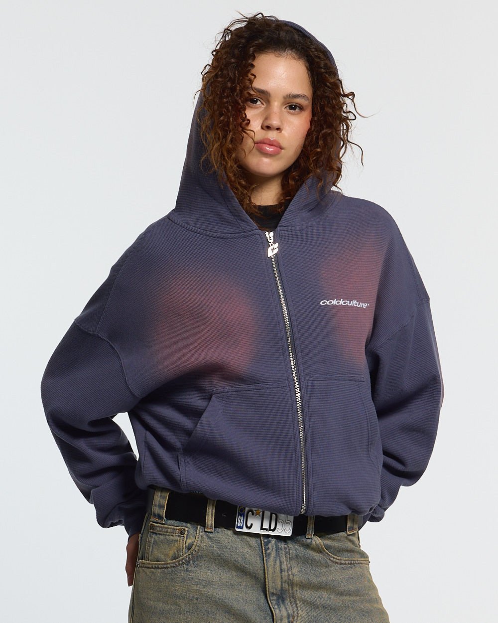 THERMAL ZIP HOODIE BLUE - navy blue washed zip-up hoodie, front view on female model - Cold Culture #woman