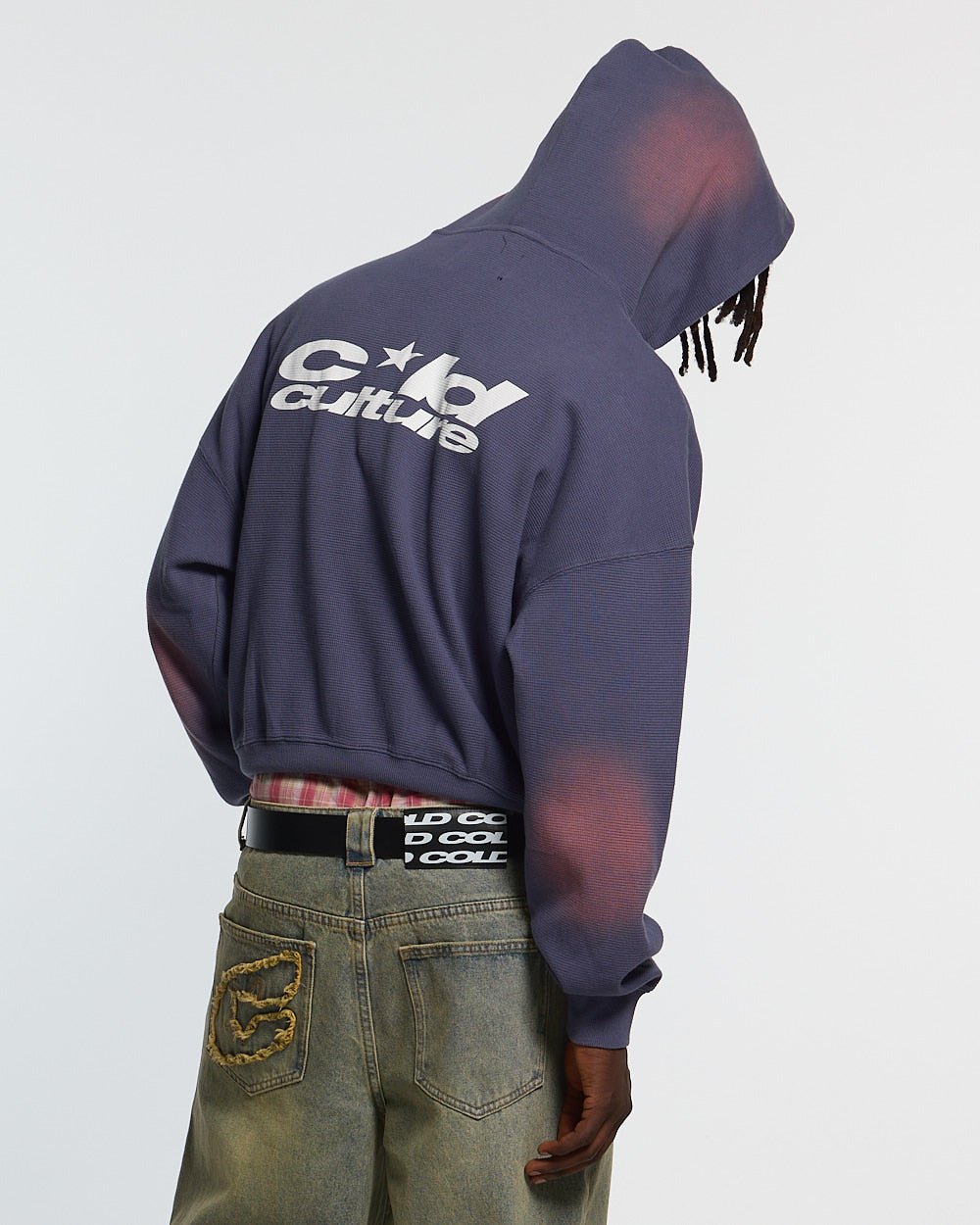 THERMAL ZIP HOODIE BLUE - navy blue washed zip-up hoodie, back view on male model - Cold Culture