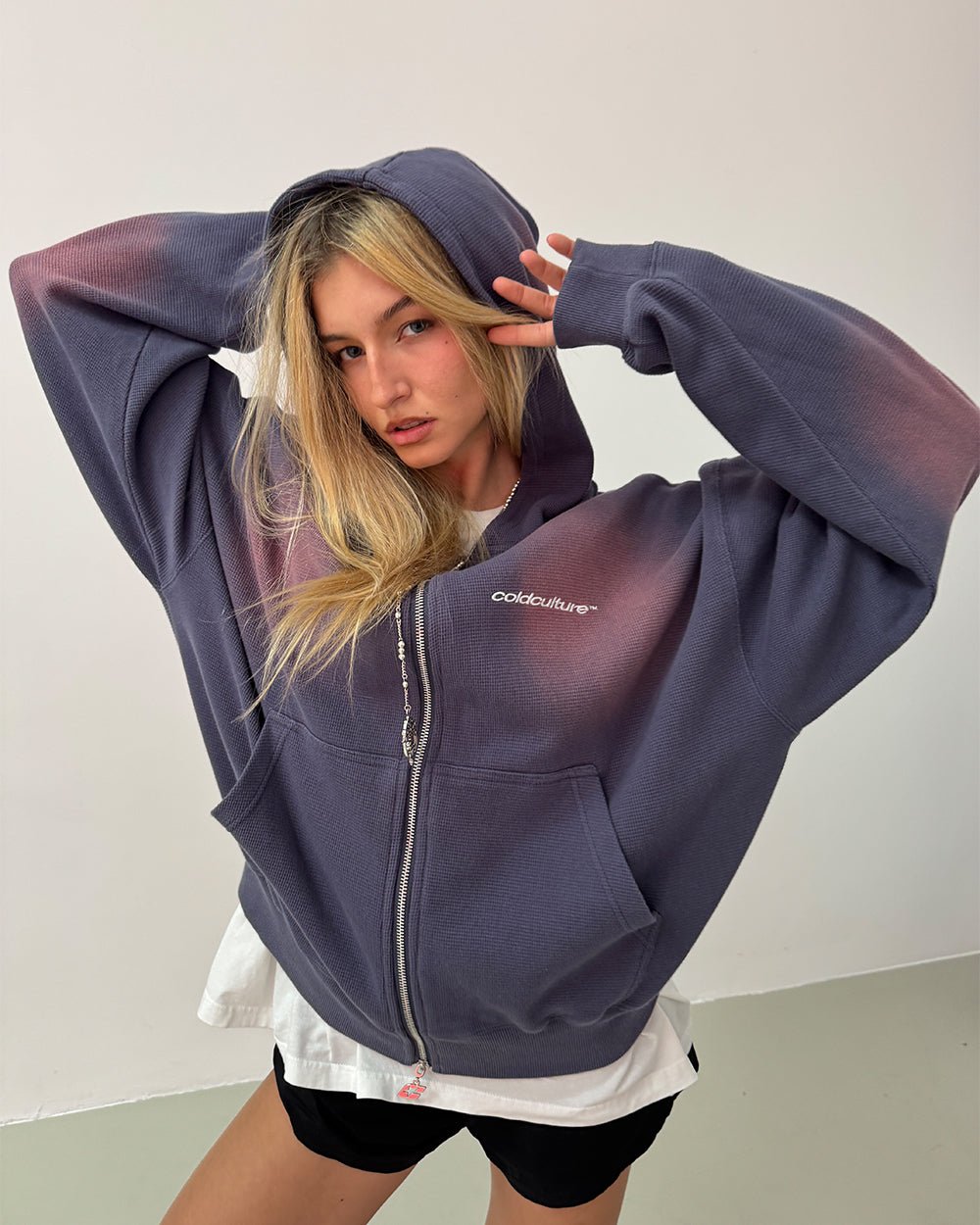 THERMAL ZIP HOODIE BLUE - navy blue washed zip-up hoodie, front view on female model - Cold Culture #woman