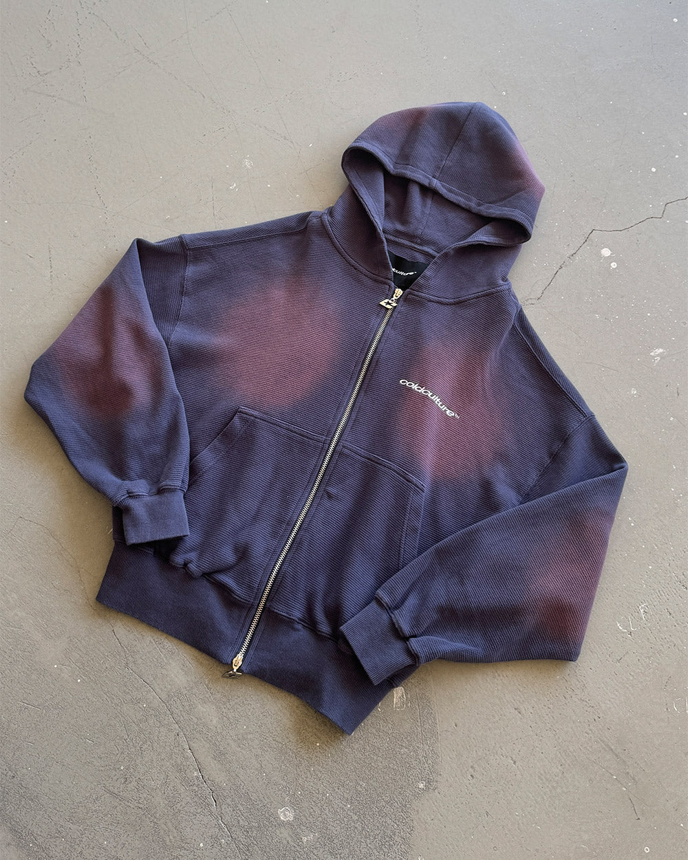 THERMAL ZIP HOODIE BLUE - navy blue washed zip-up hoodie, flat lay - Cold Culture