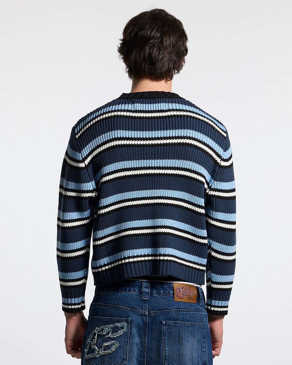 TIMELESS KNITWEAR BLUE - blue striped knit sweater, back view on male model - Cold Culture #man