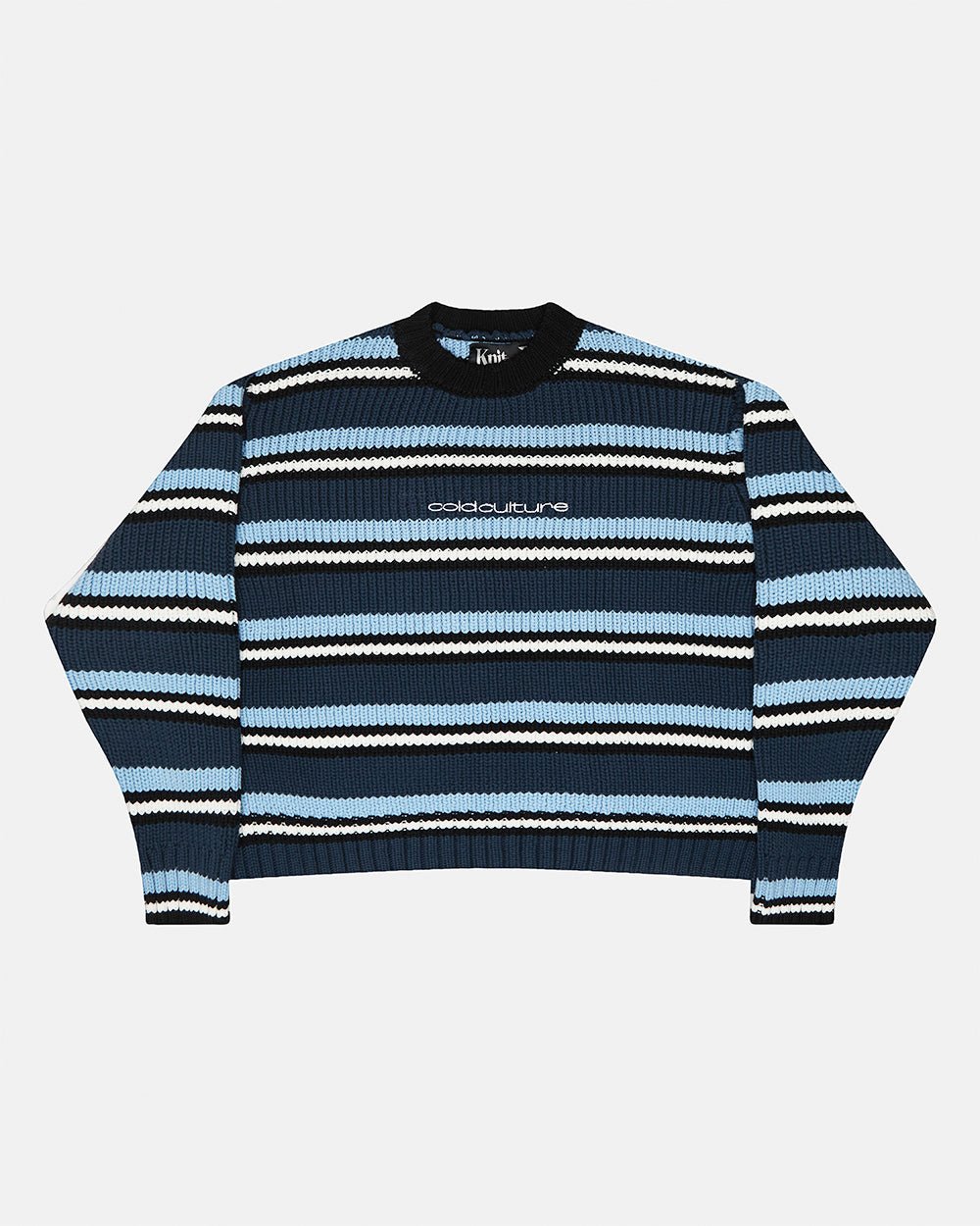 TIMELESS KNITWEAR BLUE - blue striped knit sweater, front view - Cold Culture #packshot