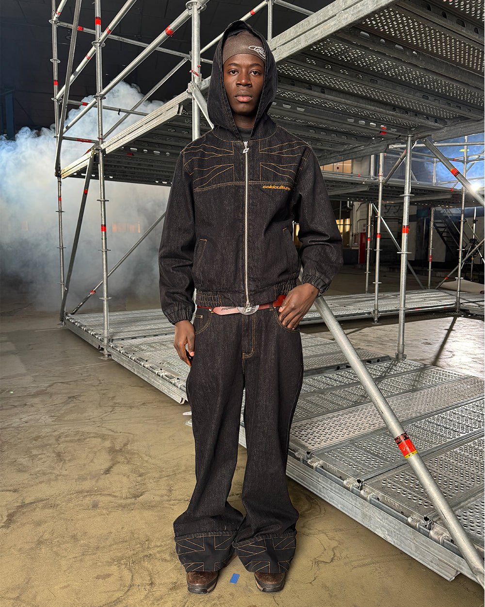 TOP BOY JACKET BLACK DENIM - black denim hooded jacket, street style shot - Cold Culture