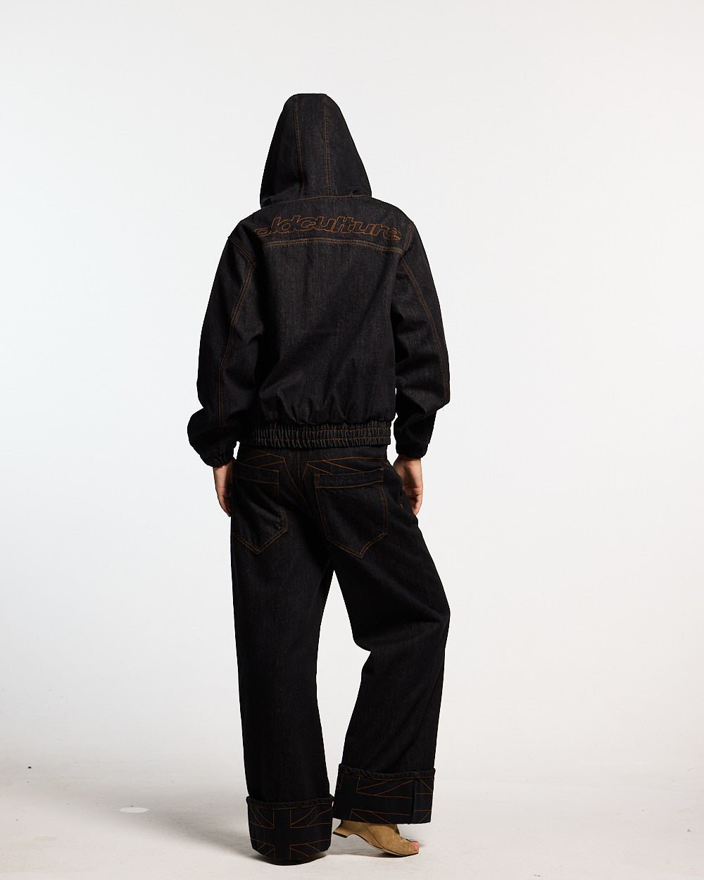 TOP BOY PANTS BLACK DENIM - black denim baggy pants, back view on female model - Cold Culture #woman