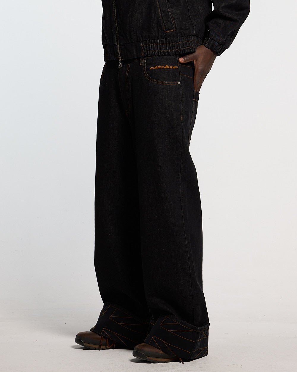 TOP BOY PANTS BLACK DENIM - black denim baggy pants, worn detail - Cold Culture