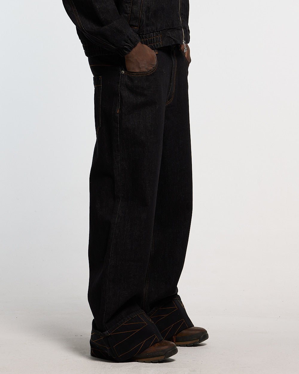 TOP BOY PANTS BLACK DENIM - black denim baggy pants, worn detail - Cold Culture