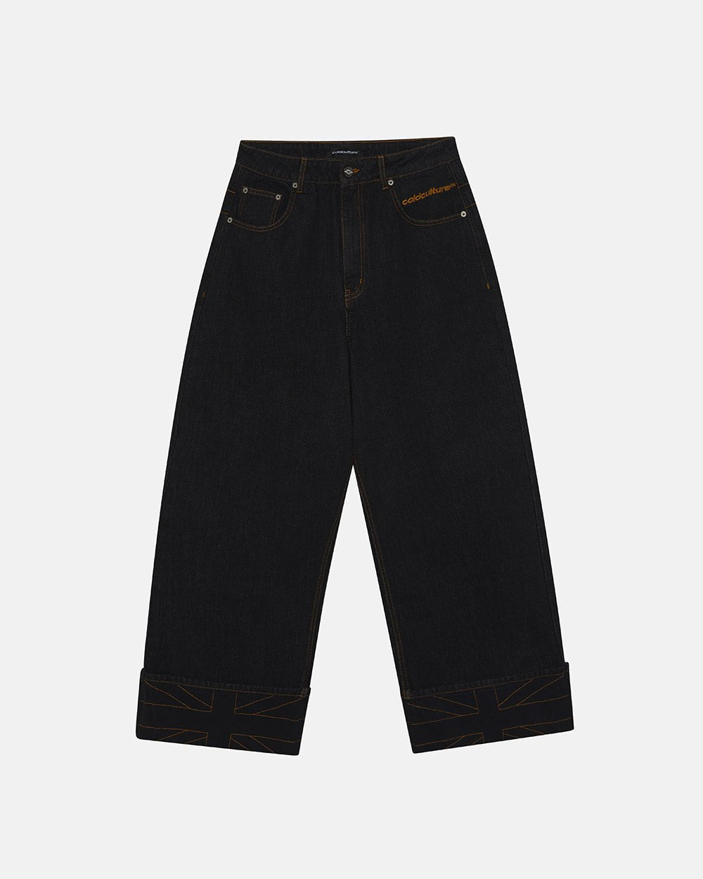 TOP BOY PANTS BLACK DENIM - black denim baggy pants, front view - Cold Culture #packshot