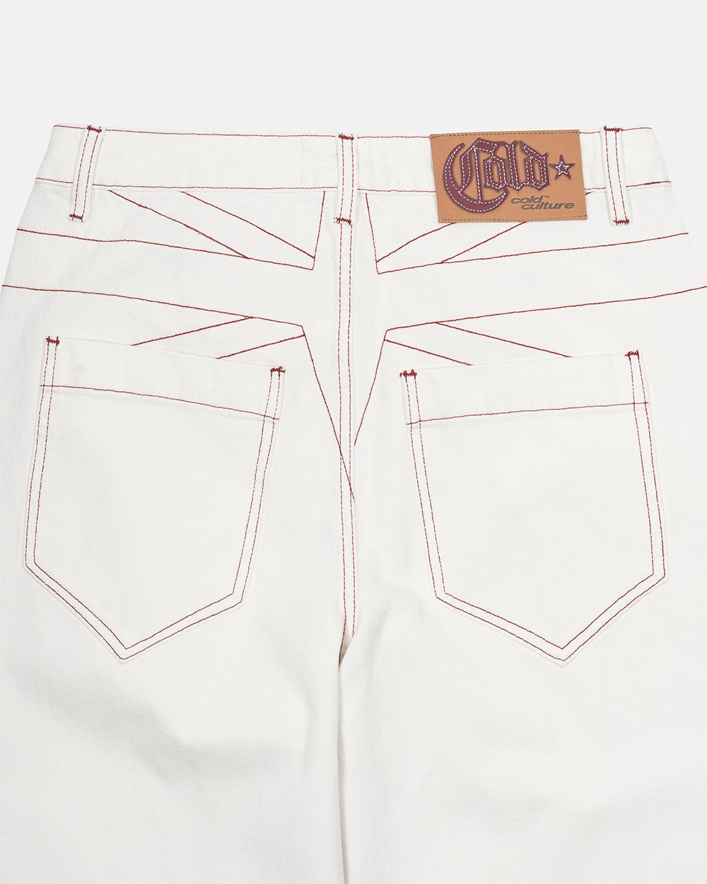 TOP BOY PANTS WHITE - white contrast stitch denim pants, detail close-up - Cold Culture
