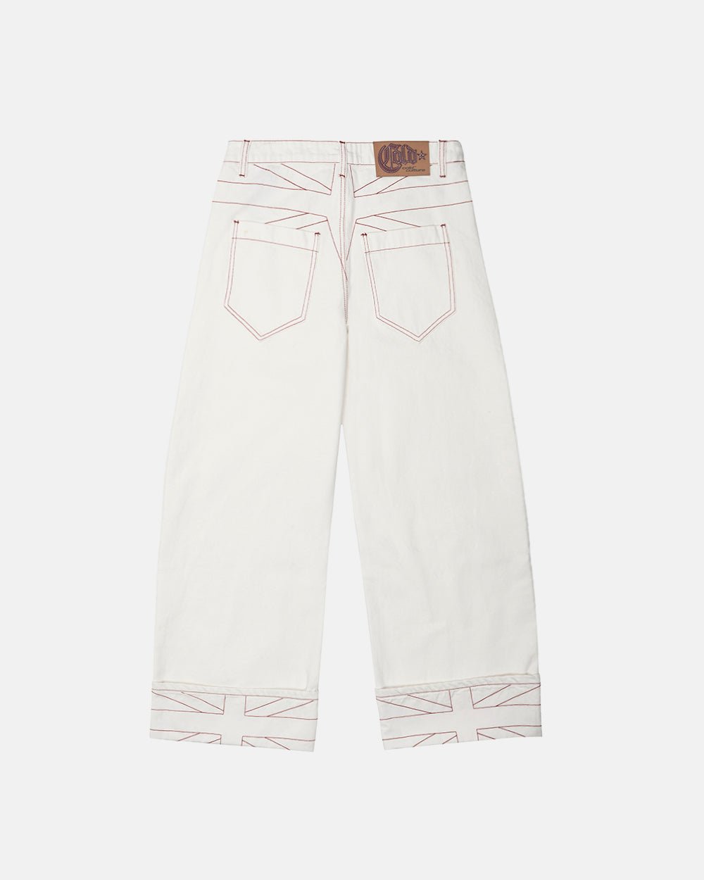 TOP BOY PANTS WHITE - white contrast stitch denim pants, back view - Cold Culture #packshot