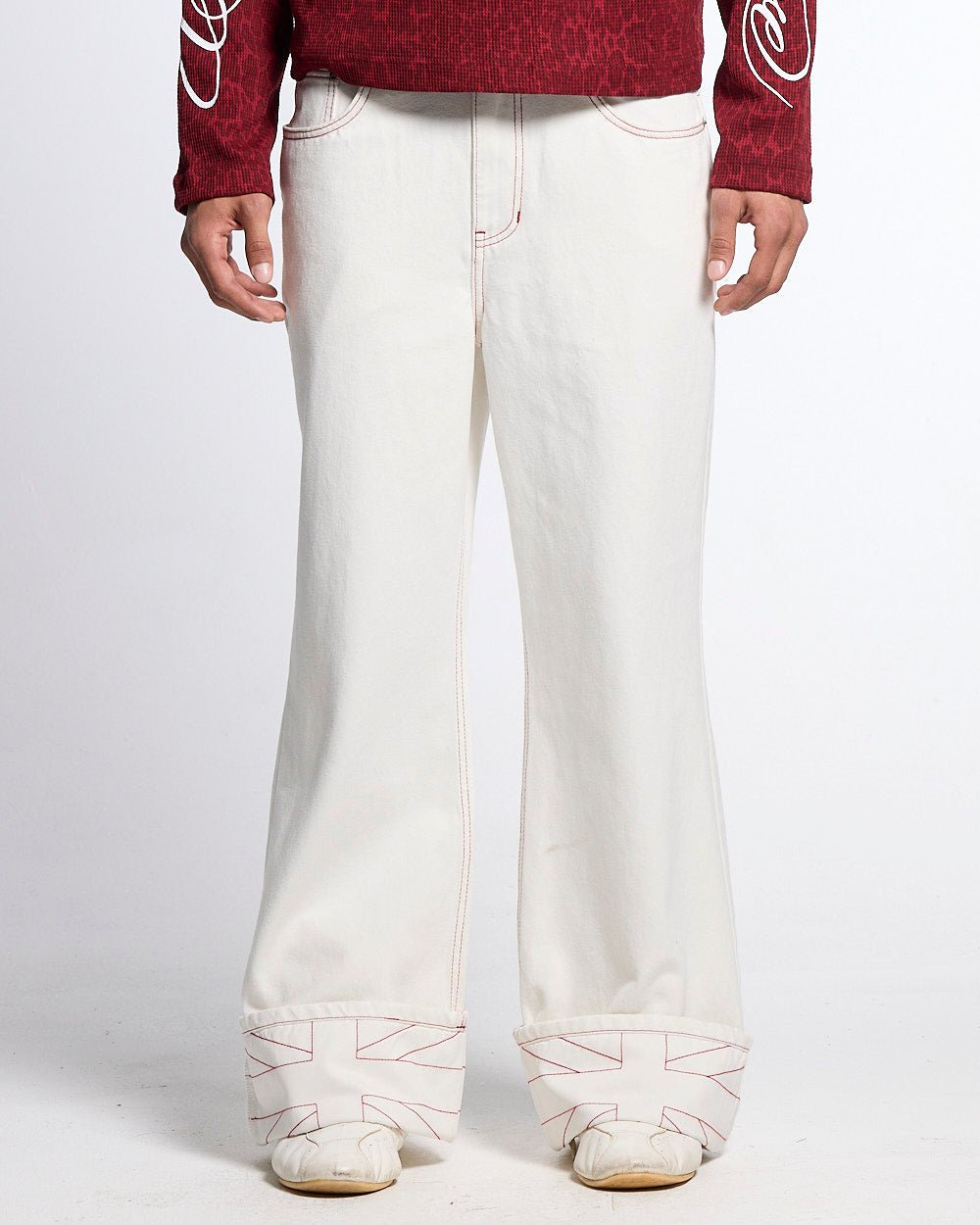 TOP BOY PANTS WHITE - white contrast stitch denim pants, front view on male model - Cold Culture