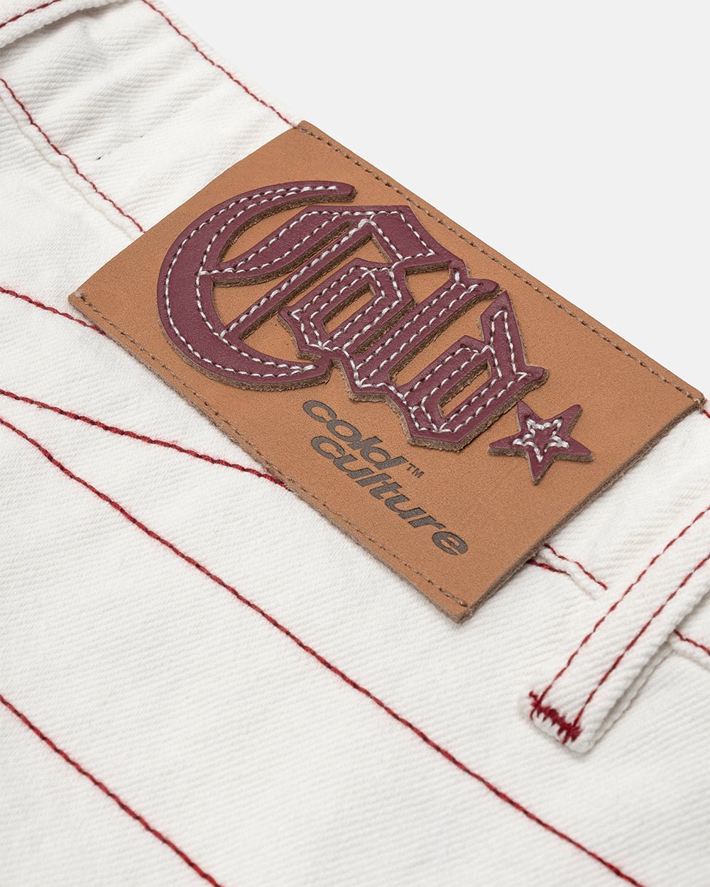 TOP BOY PANTS WHITE - white contrast stitch denim pants, detail close-up - Cold Culture