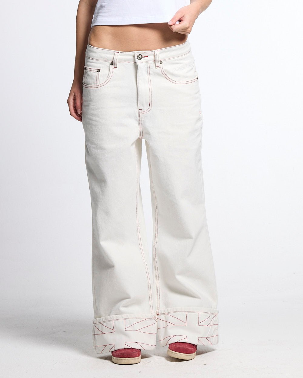 TOP BOY PANTS WHITE - white contrast stitch denim pants, front view on female model - Cold Culture #woman