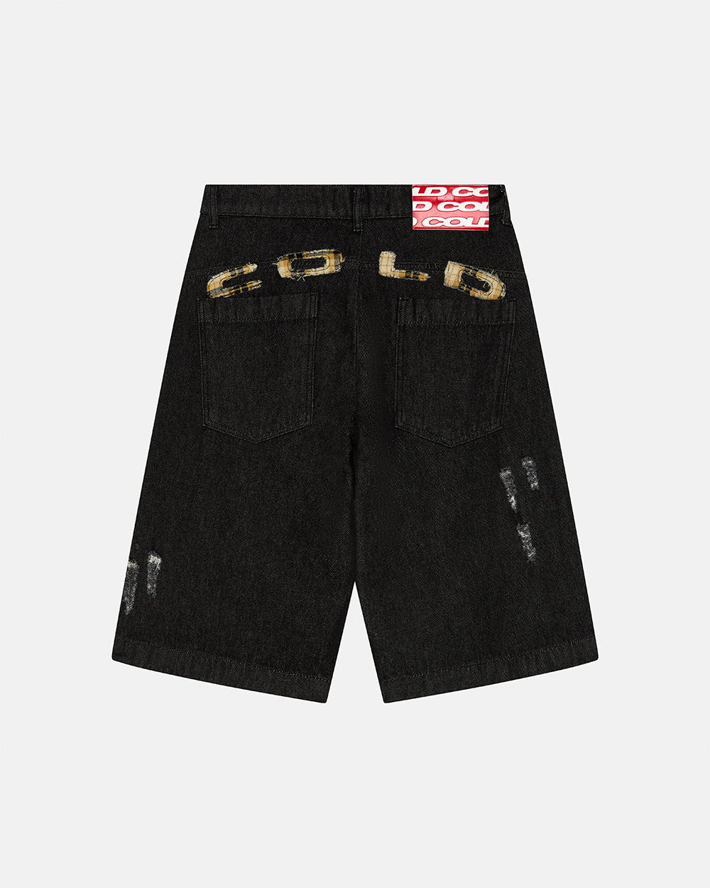 TOXIC SHORTS BLACK DENIM - black distressed denim shorts, back view - Cold Culture #packshot