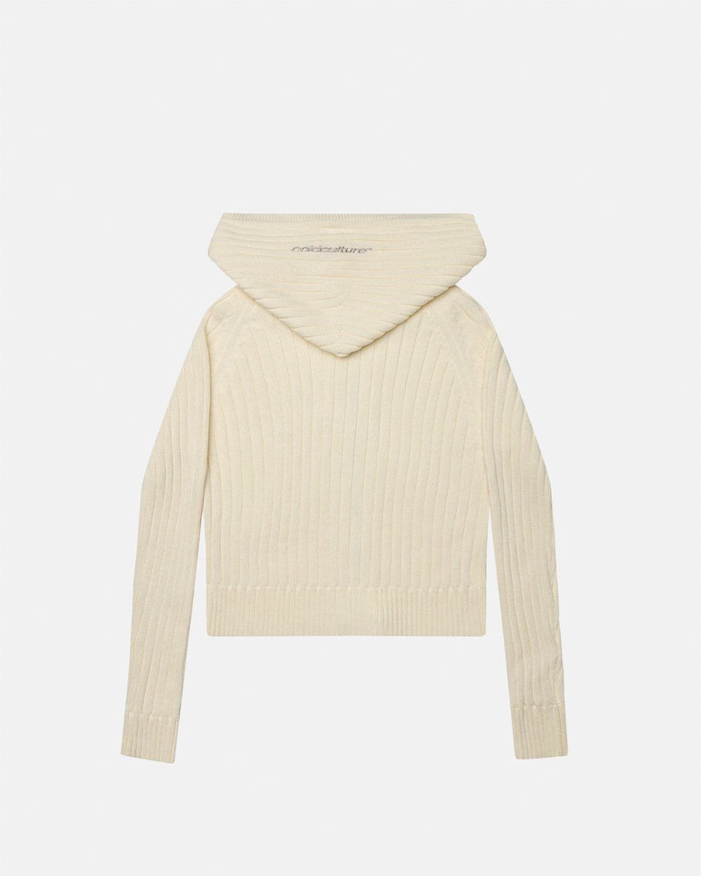 TRACK HOOD ZIP KNIT OFF-WHITE - off white hooded knit sweater, back view - Cold Culture #packshot