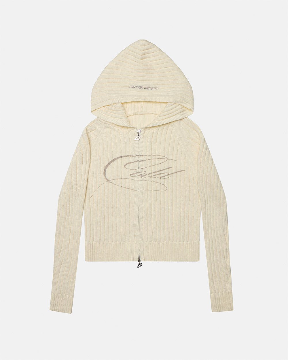 TRACK HOOD ZIP KNIT OFF-WHITE - off white hooded knit sweater, front view - Cold Culture #packshot