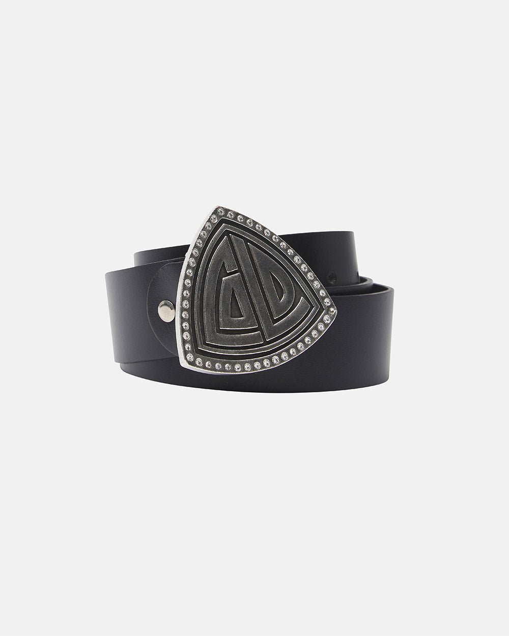 TRIANGLE BLING BLING LEATHER BELT BLACK - black leather belt, front view - Cold Culture #packshot
