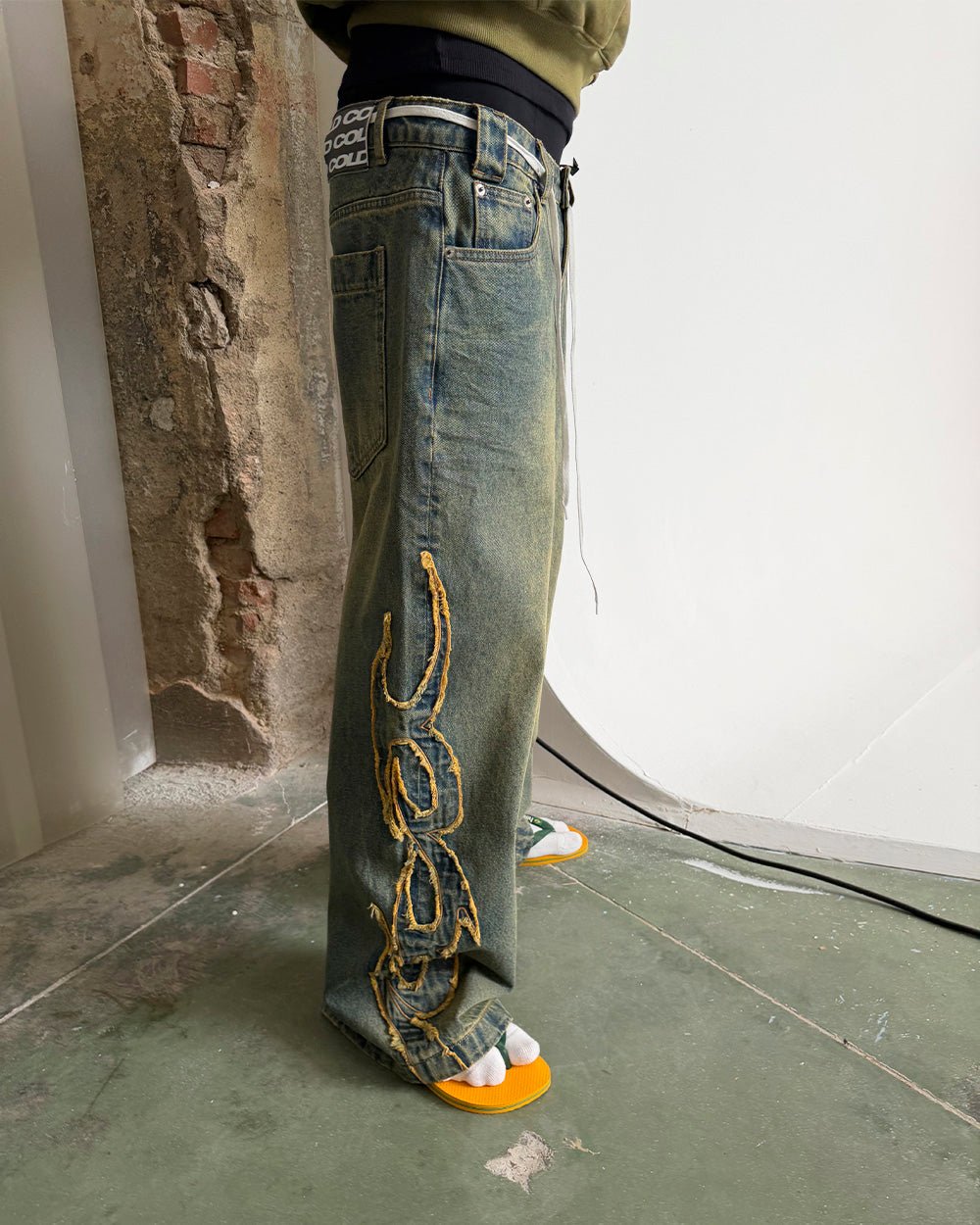 TRIBAL DISTRESSED V2 PANTS GREEN WASHED DENIM - distressed green denim pants, worn detail - Cold Culture