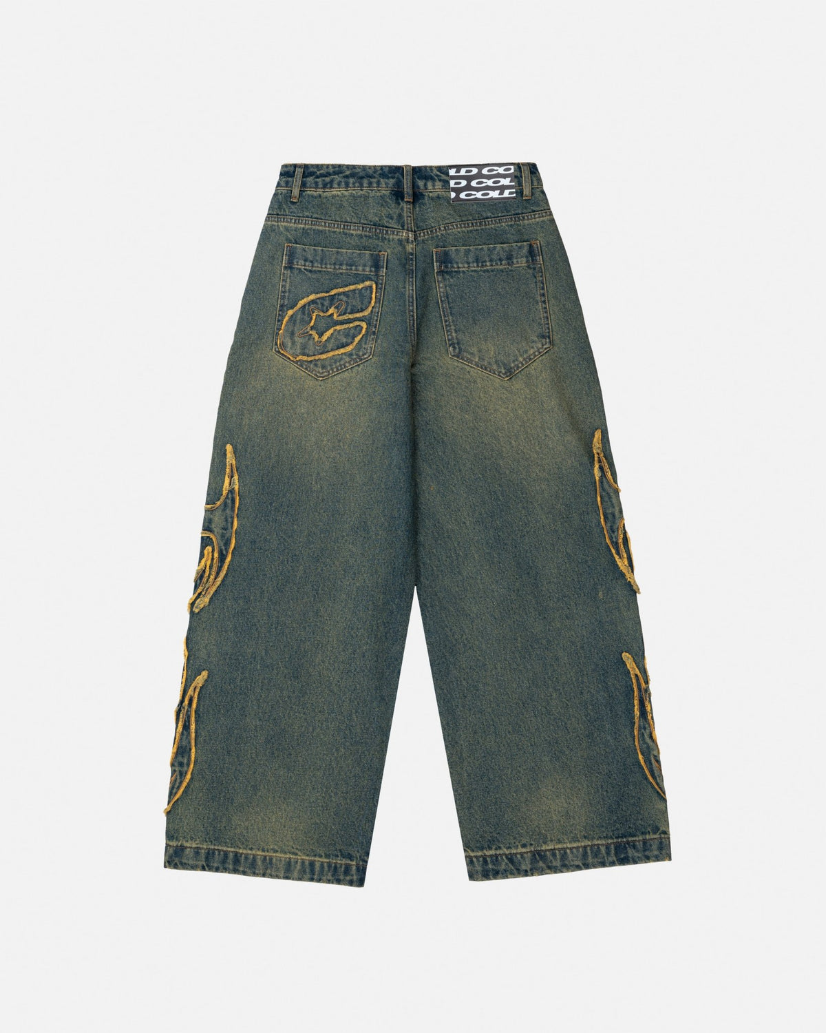 TRIBAL DISTRESSED V2 PANTS GREEN WASHED DENIM - distressed green denim pants, back view - Cold Culture #packshot