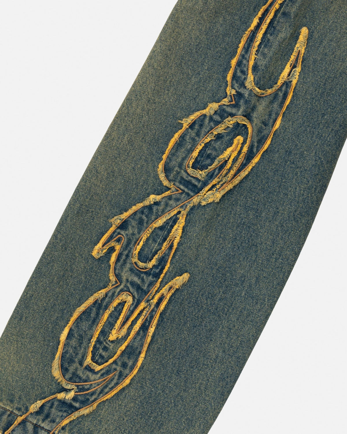 TRIBAL DISTRESSED V2 PANTS GREEN WASHED DENIM - distressed green denim pants, detail close-up - Cold Culture