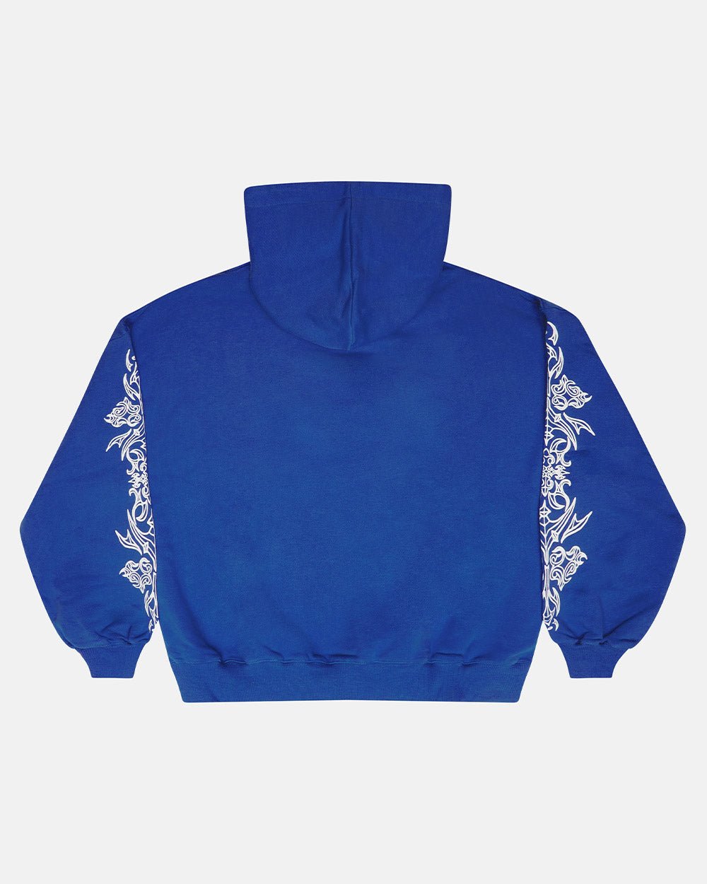 TRIBAL HOODIE BLUE - blue tribal print hoodie, back view - Cold Culture #packshot