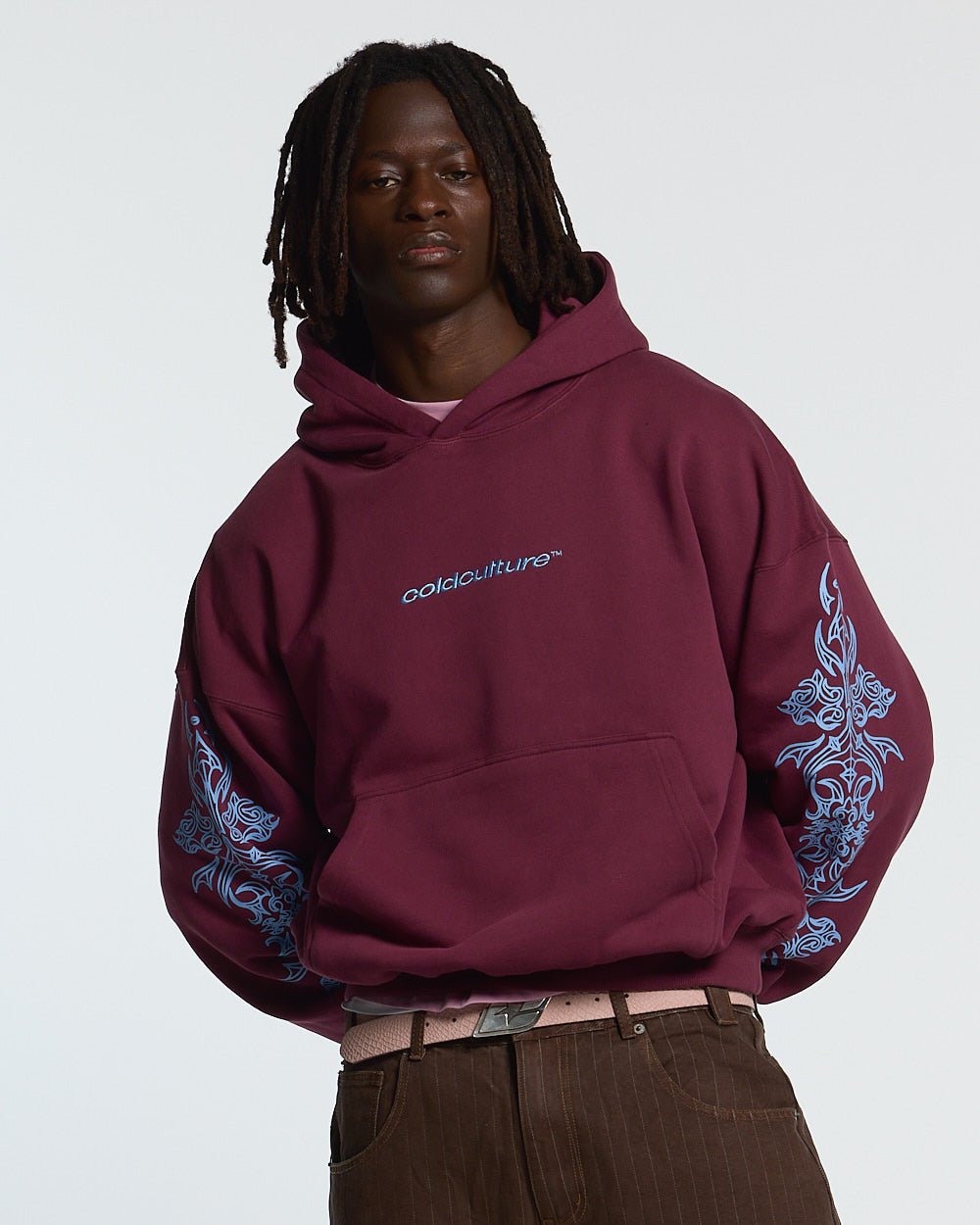 TRIBAL HOODIE BURGUNDY - burgundy tribal print hoodie, front view on male model - Cold Culture #man
