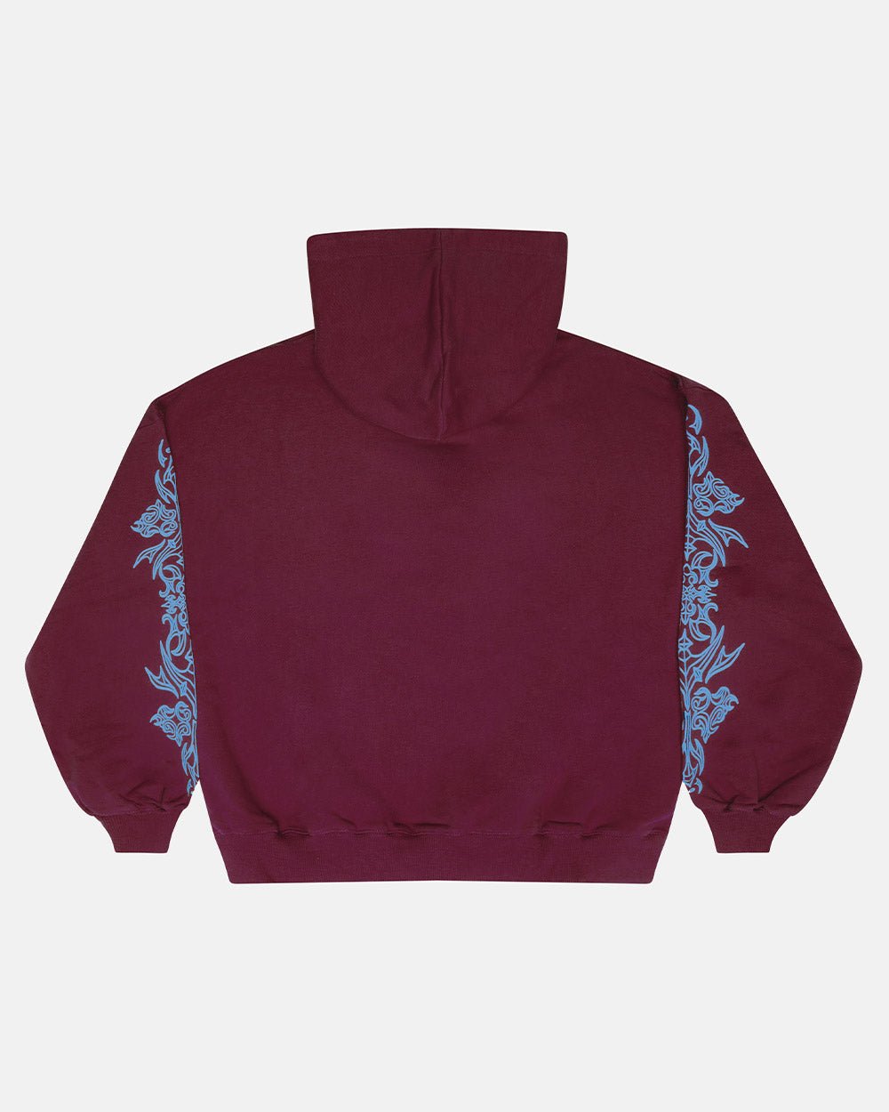 TRIBAL HOODIE BURGUNDY - burgundy tribal print hoodie, back view - Cold Culture #packshot