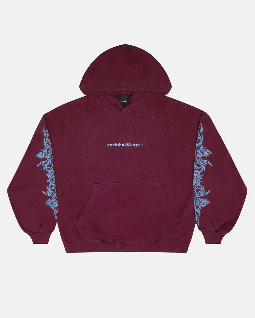 TRIBAL HOODIE BURGUNDY - burgundy tribal print hoodie, front view - Cold Culture #packshot