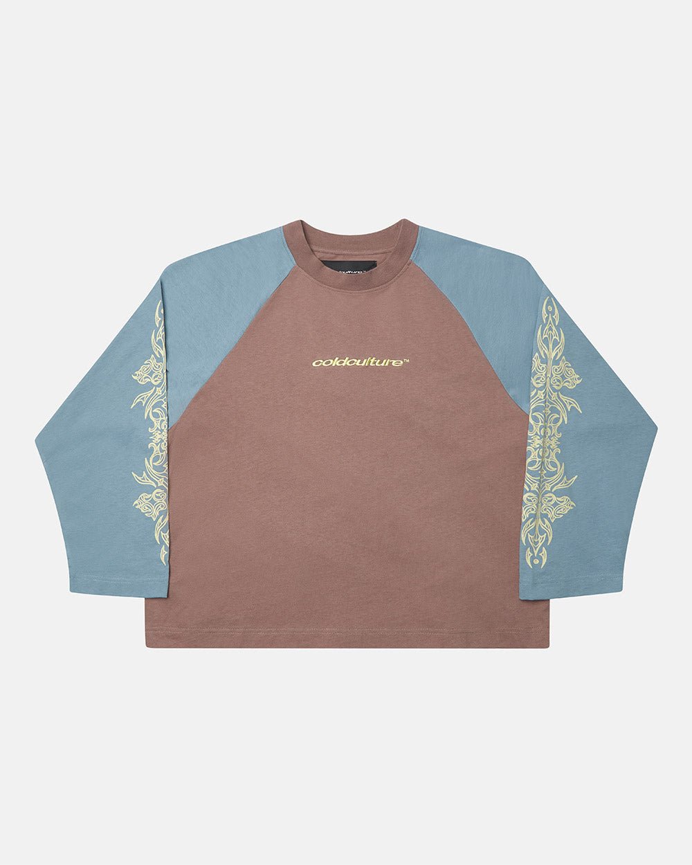 TRIBAL LONGSLEEVE BROWN & BLUE - brown and blue tribal longsleeve tee, front view - Cold Culture #packshot
