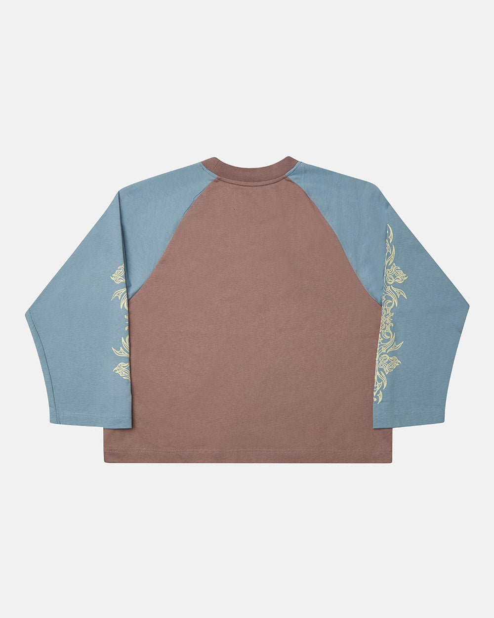 TRIBAL LONGSLEEVE BROWN & BLUE - brown and blue tribal longsleeve tee, back view - Cold Culture #packshot