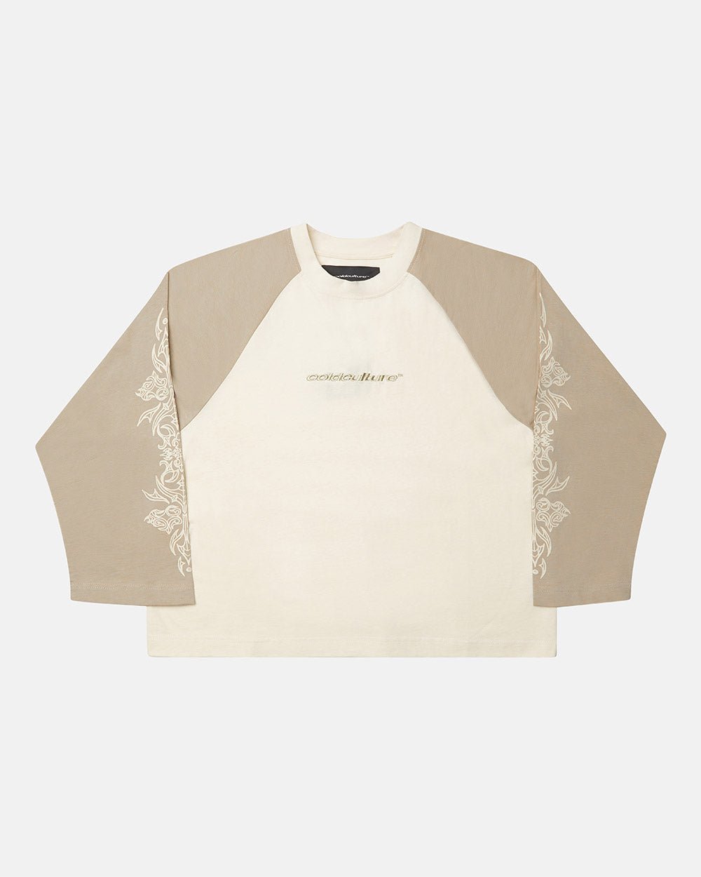 TRIBAL LONGSLEEVE GREY & OFF WHITE - off white tribal longsleeve tee, front view - Cold Culture #packshot