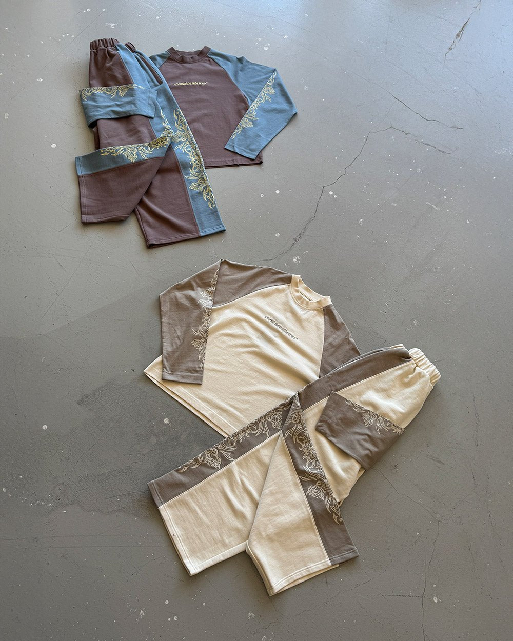 TRIBAL SWEATPANTS GREY & OFF WHITE - off white tribal sweatpants, flat lay with matching pieces - Cold Culture