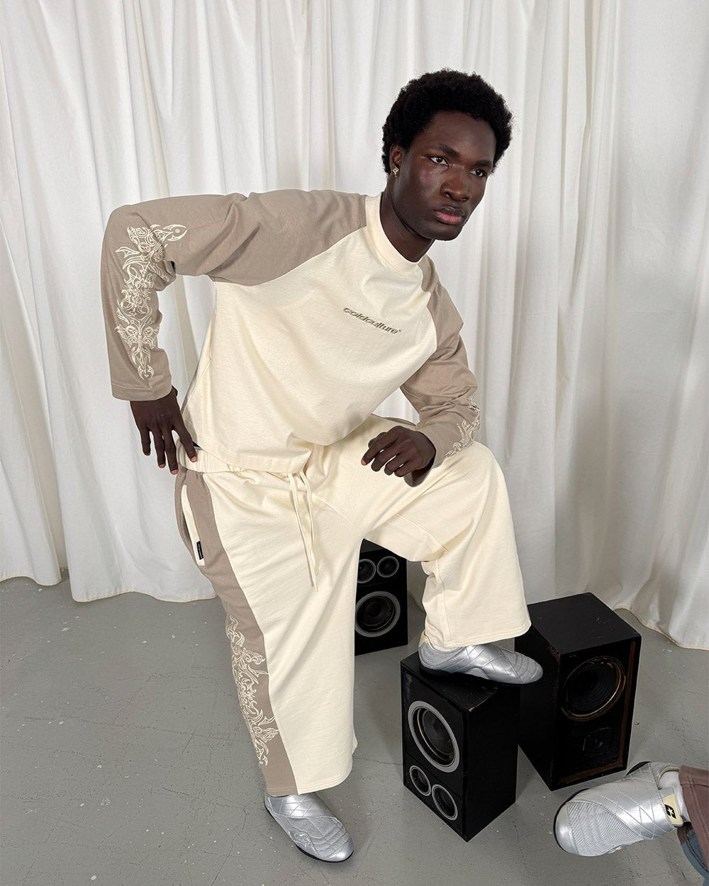TRIBAL SWEATPANTS GREY & OFF WHITE - off white tribal sweatpants, street style shot - Cold Culture