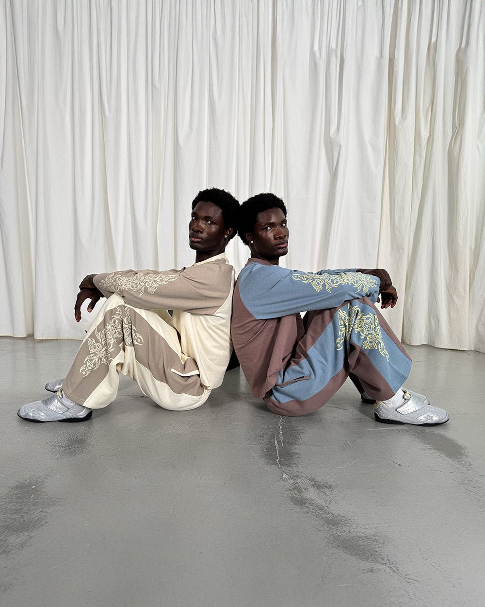 TRIBAL SWEATPANTS GREY & OFF WHITE - off white tribal sweatpants, street style shot - Cold Culture