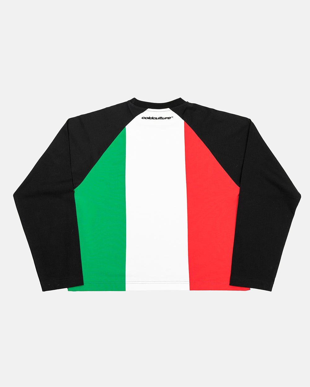 TRICOLORE LONGSLEEVE BLACK - black football-style longsleeve tee, back view - Cold Culture #packshot