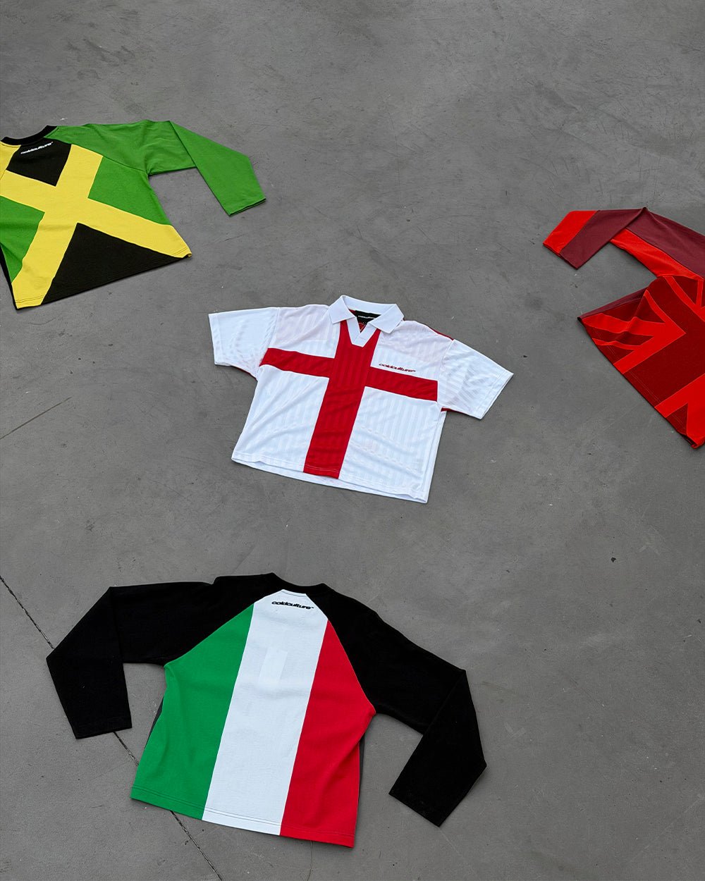 TRICOLORE LONGSLEEVE BLACK - black football-style longsleeve tee, flat lay with matching pieces - Cold Culture