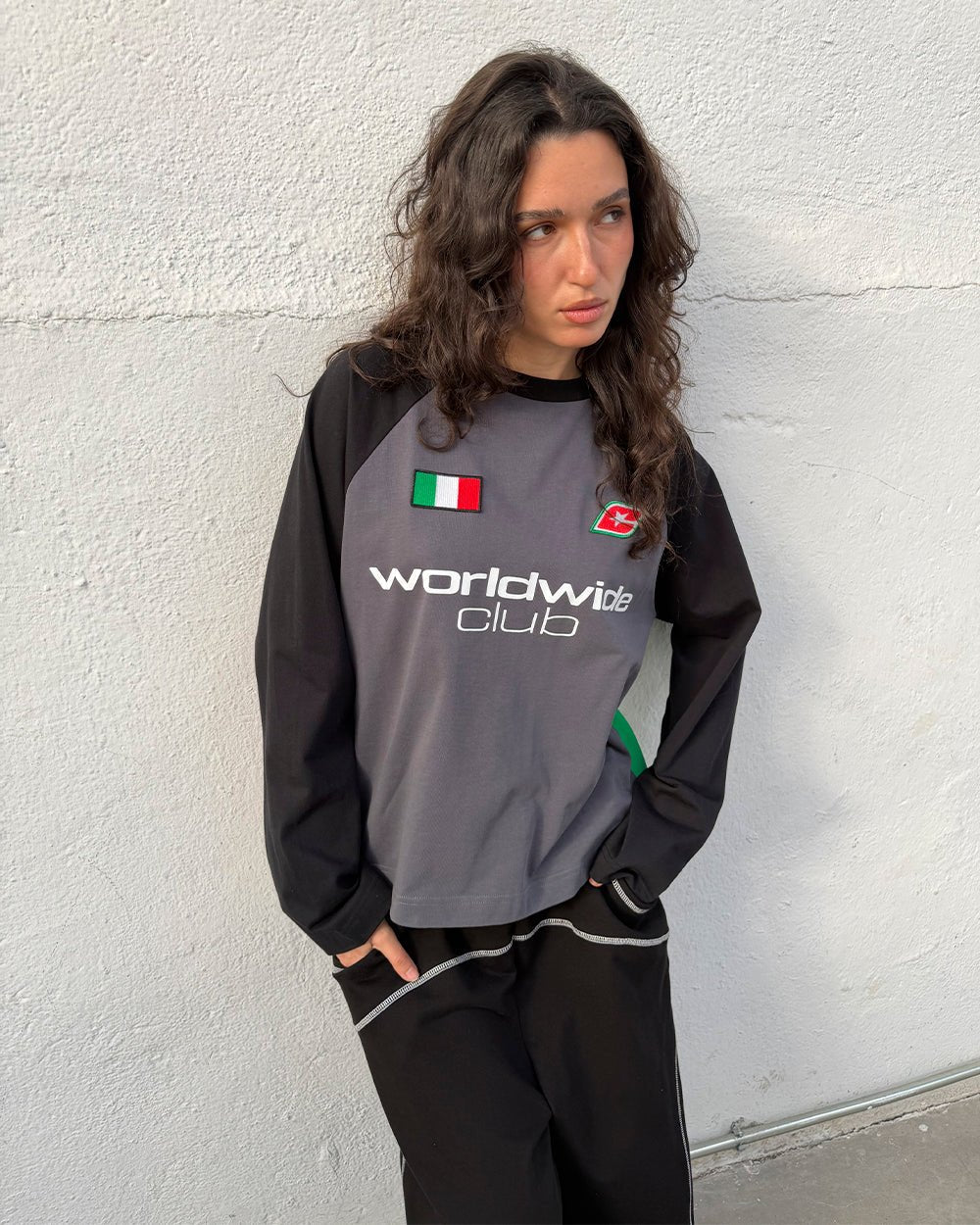 TRICOLORE LONGSLEEVE BLACK - black football-style longsleeve tee, street style shot - Cold Culture #woman