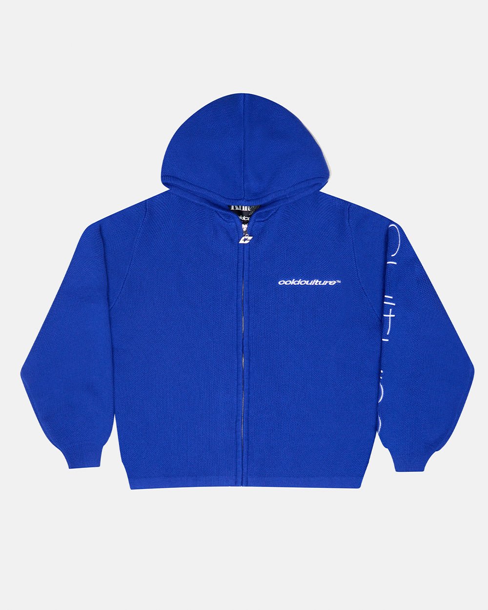 TRIPPY STOP ZIP KNIT BLUE - cobalt blue zip-up knit sweater, front view - Cold Culture #packshot