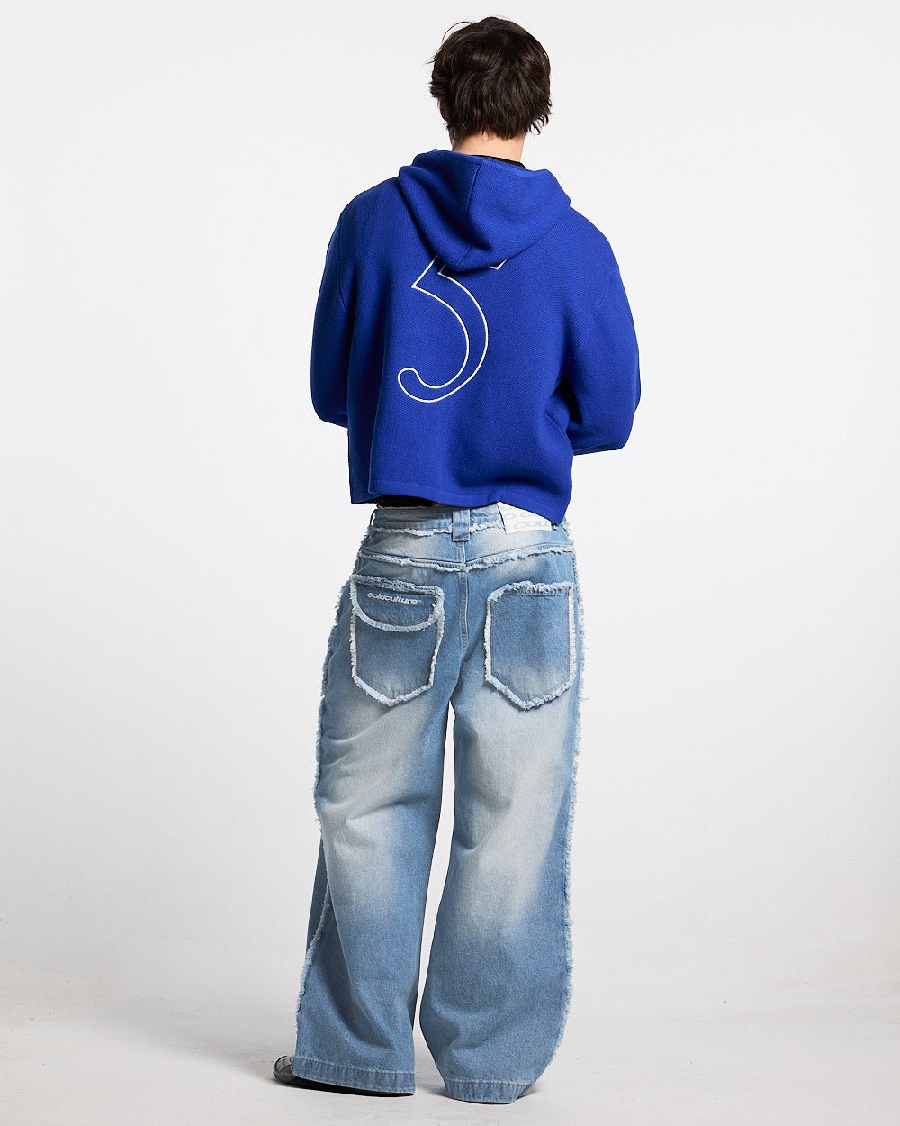 TRIPPY STOP ZIP KNIT BLUE - cobalt blue zip-up knit sweater, back view on male model - Cold Culture #man