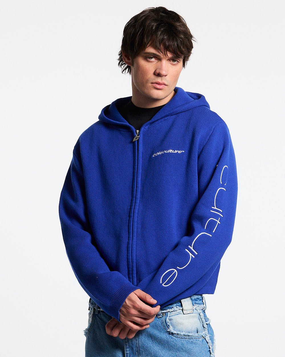 TRIPPY STOP ZIP KNIT BLUE - cobalt blue zip-up knit sweater, front view on male model - Cold Culture #man