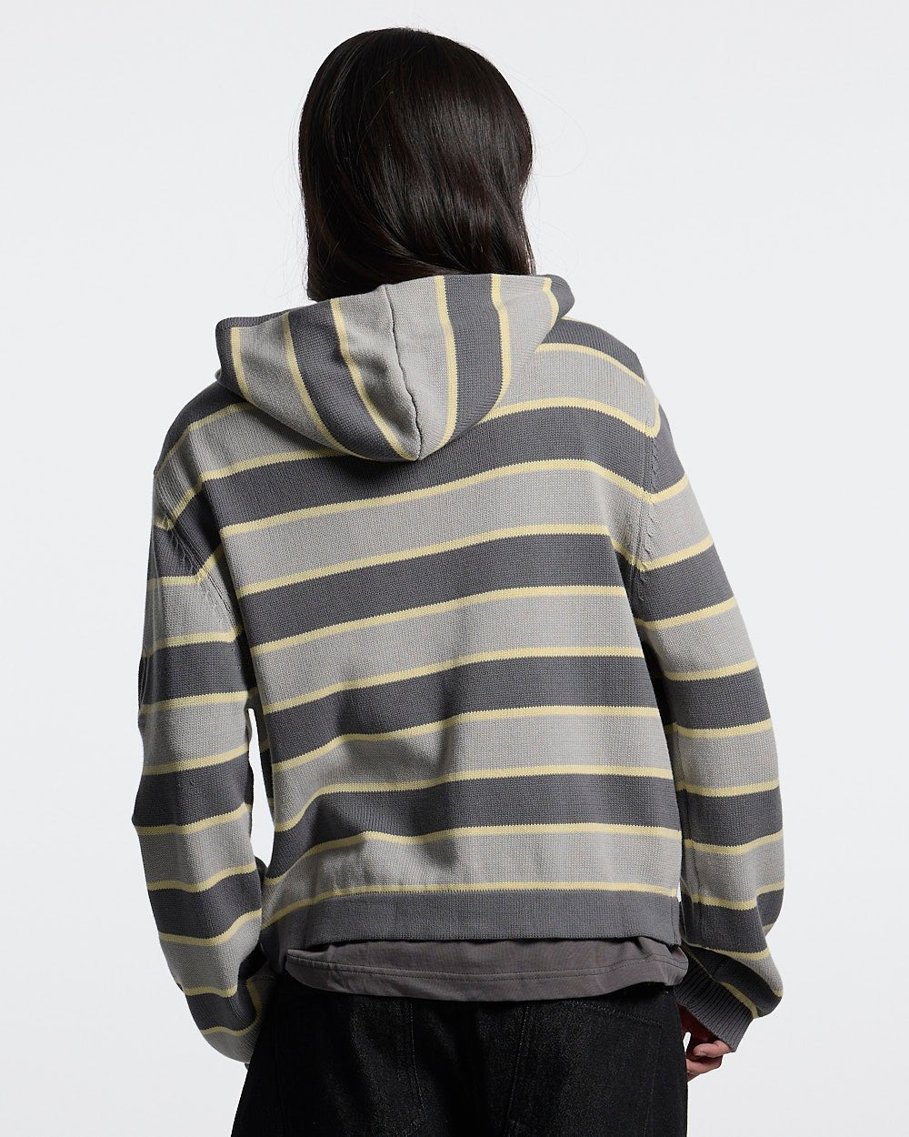 TRIPPY STOP ZIP KNIT GREY - grey striped zip-up knit sweater, back view on female model - Cold Culture #woman