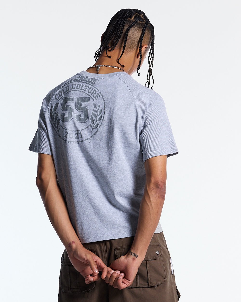 TROPHY TEE HEATHER GREY - heather grey graphic print tee, back view on male model - Cold Culture #man