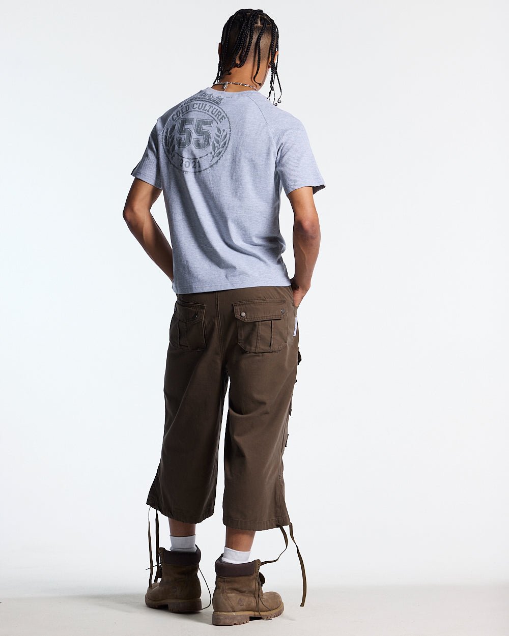 TROPHY TEE HEATHER GREY - heather grey graphic print tee, back view on male model - Cold Culture #man