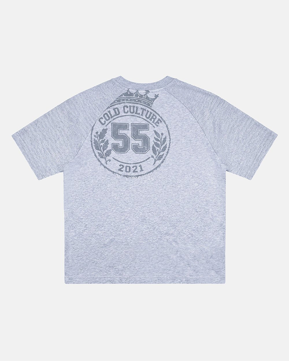 TROPHY TEE HEATHER GREY - heather grey graphic print tee, back view - Cold Culture #packshot