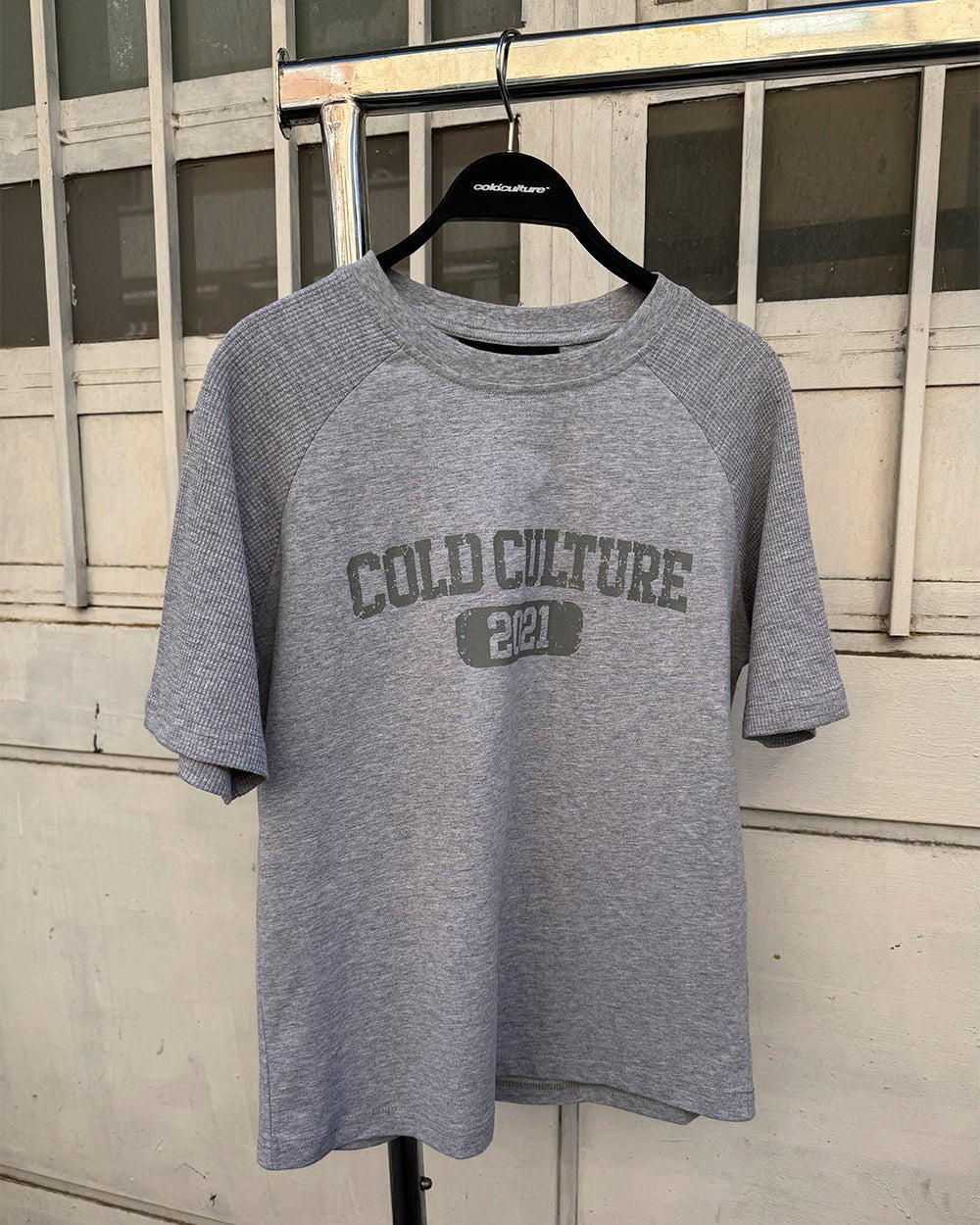 TROPHY TEE HEATHER GREY - heather grey graphic print tee, front view - Cold Culture