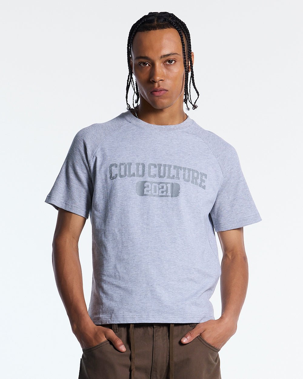 TROPHY TEE HEATHER GREY - heather grey graphic print tee, front view on male model - Cold Culture #man