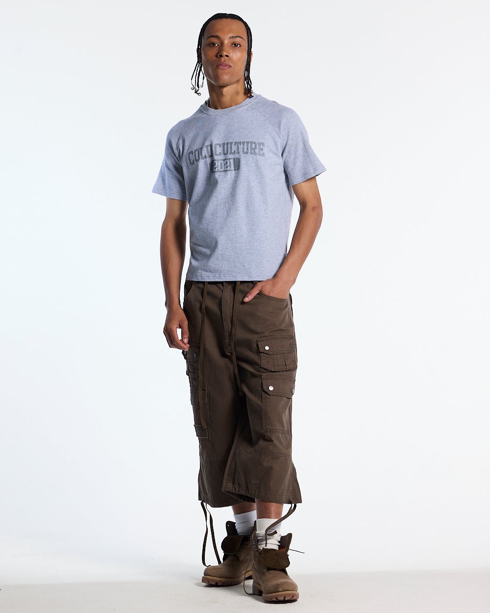 TROPHY TEE HEATHER GREY - heather grey graphic print tee, front view on male model - Cold Culture #man